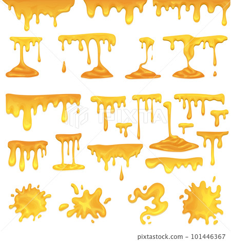 Yellow juice or honey blots set. Maple syrup, caramel and sweet sugar sauce melting and leaking. Dessert design for cafeteria and patisserie cakes and cookies Yellow juice or honey blots set. Maple syrup, caramel and sweet sugar sauce melting and leaking. Dessert design for cafeteria and patisserie cakes and cookies 101446367