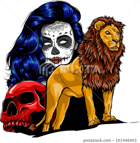 lion with skull and girl vector illustration on white background. digital hand draw 101446403