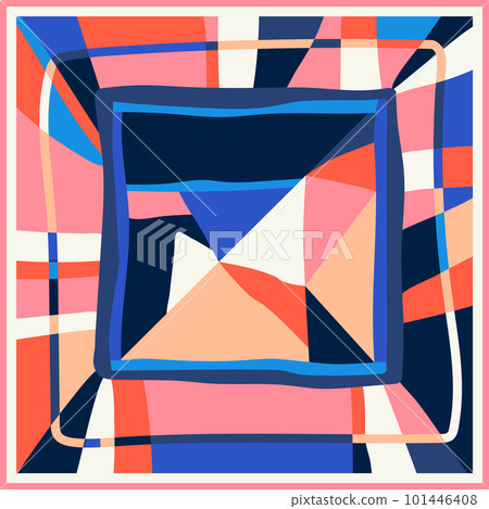 Geometric style abstract colorful shapes pattern design. Trendy pastel blue and pink color fashionable geometric silk scarf, bandana, foulard, hijab ornamental graphic design 101446408