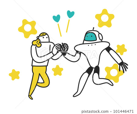 A woman holding hands with an AI artificial intelligence robot Illustration material 101446471