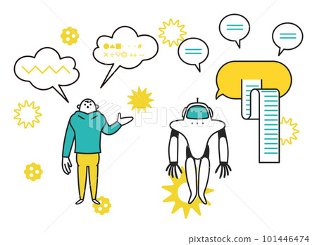 A humanoid robot that returns an analyzed answer to a man's question in conversation Illustration material 101446474