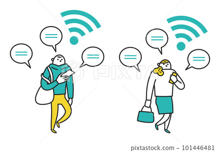 A man and a woman walking while using their smartphones set illustration material 101446481