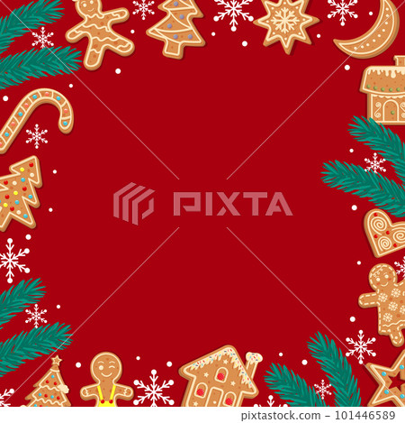 Red Christmas gingerbread background. Xmas design with winter cookies, fir branches, snowflakes and snow. Empty space for your text. Template for cards, banner, poster. Red Christmas gingerbread background. Xmas design with winter cookies, fir branches, snowflakes and snow. Empty space for your text. Template for cards, banner, poster. 101446589
