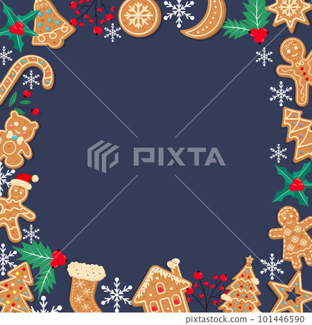 Dark blue Christmas gingerbread background. Xmas design with winter cookies, holly berries, snowflakes. Empty space for your text. Template for cards, banner, poster. 101446590