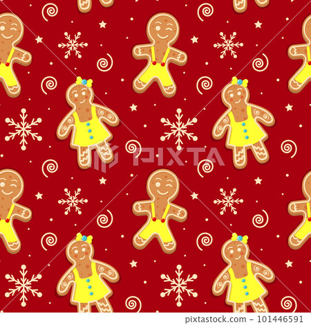 Seamless pattern with Christmas gingerbread men and women, stars, spiral and snowflakes. Xmas homemade biscuits on red background. Seamless pattern with Christmas gingerbread men and women, stars, spiral and snowflakes. Xmas homemade biscuits on red background. 101446591