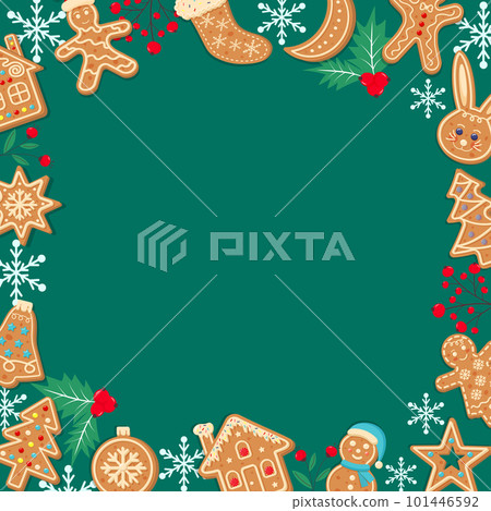 Green christmas gingerbread background. Xmas design with winter cookies, holly berries, snowflakes. Empty space for your text. Template for cards, banner, poster. Green christmas gingerbread background. Xmas design with winter cookies, holly berries, snowflakes. Empty space for your text. Template for cards, banner, poster. 101446592