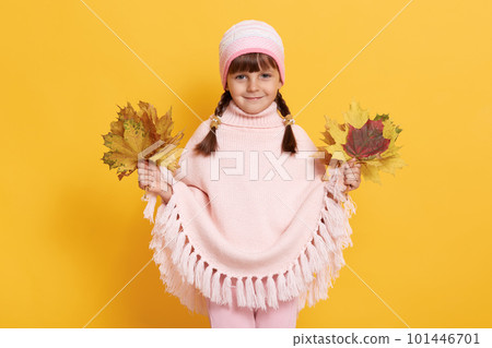 Happy smiling little girl wearing cap looking directly at camera with cute smile, holding bouquets with autumn leaves in both hands, stands against yellow background. 101446701