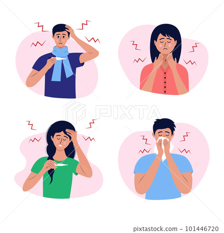 Set of sick people with flu, fever, sore throat and sneezing. Health care concept. Set of sick people with flu, fever, sore throat and sneezing. Health care concept. 101446720