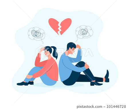 Couple in quarrel. Unhappy man and woman sitting back to back and suffer. Broken heart above them. Problems in relationship, parting, divorce, conflicts, misunderstanding and crisis in family. Couple in quarrel. Unhappy man and woman sitting back to back and suffer. Broken heart above them. Problems in relationship, parting, divorce, conflicts, misunderstanding and crisis in family. 101446728