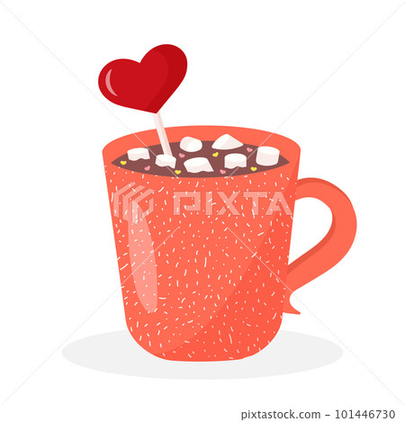 Coffee mug with heart lollipop, marshmallow and hearts. Cute hot drink isolated on white background. Coffee mug with heart lollipop, marshmallow and hearts. Cute hot drink isolated on white background. 101446730