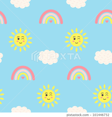 Seamless pattern with kawaii sun, rainbow and cloud on blue background. Design for textiles, texture, fabrics, wallpaper, packaging paper. Seamless pattern with kawaii sun, rainbow and cloud on blue background. Design for textiles, texture, fabrics, wallpaper, packaging paper. 101446732