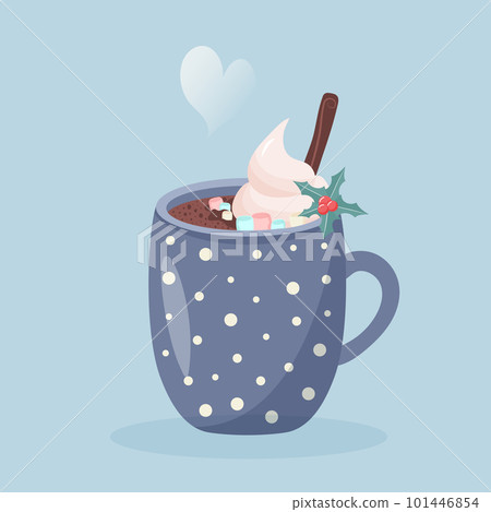 Coffee mug with whipped cream, marshmallow, cinnamon and holly. Heart shaped steam. Christmas greeting card. 101446854