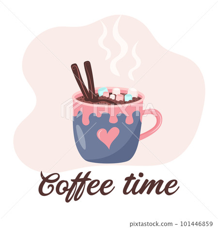 Coffee mug with marshmallow, cinnamon and heart ornament. Coffee time quote. Valentines day or Christmas concept. 101446859