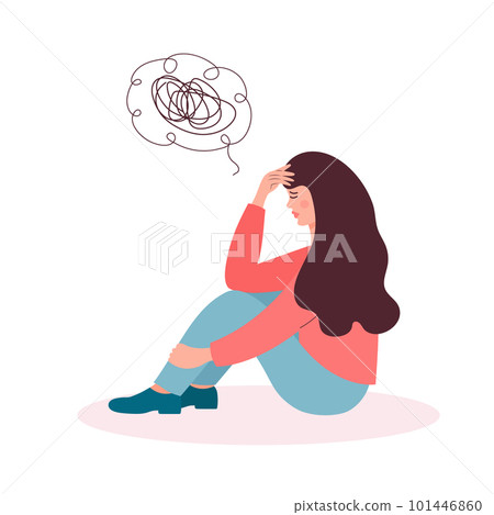 Sad woman in depression sitting and thinking over problems. Confused thoughts in her mind, mental health issues, stress, lose, crisis, burnout syndrome, relationship trouble concept. 101446860