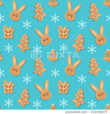 Seamless pattern with Christmas gingerbread rabbit, fir tree, bell, gift box and snowflakes. Xmas homemade biscuits on blue background. Seamless pattern with Christmas gingerbread rabbit, fir tree, bell, gift box and snowflakes. Xmas homemade biscuits on blue background. 101446875