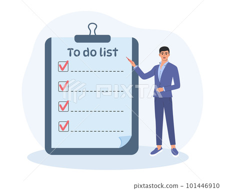 Man is standing near a large clipboard with checklist. To do list, day planning, time management, prioritizing tasks concept. 101446910