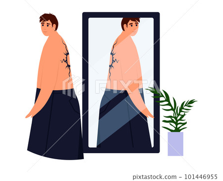 Tattoo artist at work. Cartoon professional ink master character drawing with needle machine. Tattooer at work skin art concept. Vector illustration. Master drawing flower for client 101446955