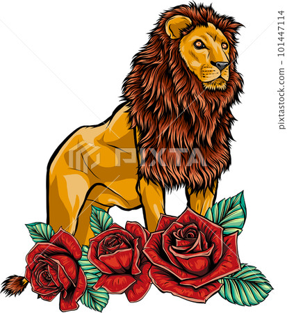 Lion with roses. vector illustration design on white background. digital hand draw Lion with roses. vector illustration design on white background. digital hand draw 101447114