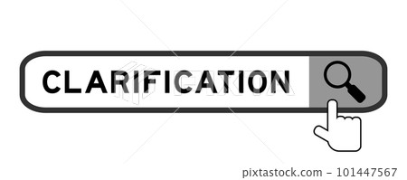 Search banner in word clarification with hand over magnifier icon on white background 101447567