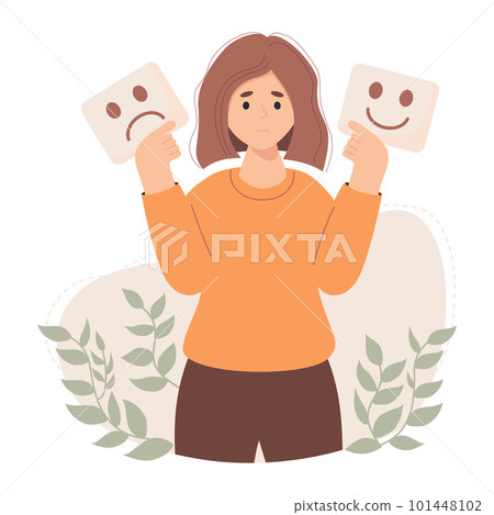 Covering emotions, searching identity. Cute woman trying on masks with happy or sad expressions. Vector illustration in flat cartoon style. Psychology, mood changes, personality concept Covering emotions, searching identity. Cute woman trying on masks with happy or sad expressions. Vector illustration in flat cartoon style. Psychology, mood changes, personality concept 101448102