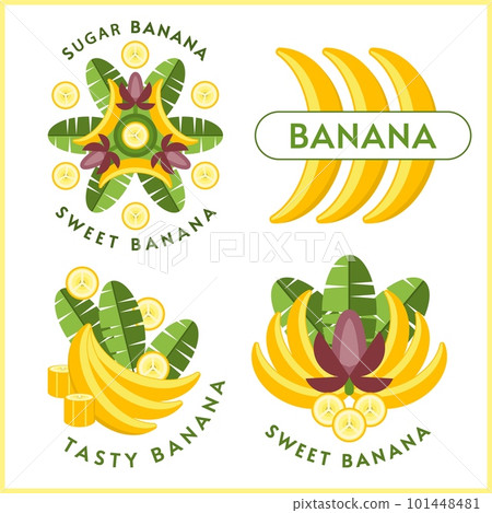 Set of logos with yellow bananas, banana leaves Set of logos with yellow bananas, banana leaves 101448481