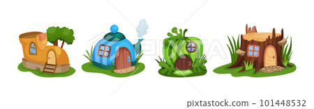 Fairy Garden Houses Rested on Green Lawn Vector Set 101448532