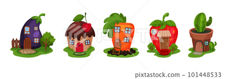Fairy Garden Houses Rested on Green Lawn Vector Set 101448533