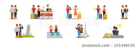 Young Couple Travelling on Vacation Vector Illustration Set Young Couple Travelling on Vacation Vector Illustration Set 101448550