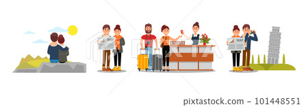 Young Couple Travelling on Vacation Vector Illustration Set Young Couple Travelling on Vacation Vector Illustration Set 101448551
