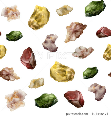 Watercolor gemstones seamless pattern isolated on white. Clipart illustration abstract background in yellow, red, green colors for mineral stones shops, esoterics business, wrapping, fabrics Watercolor gemstones seamless pattern isolated on white. Clipart illustration abstract background in yellow, red, green colors for mineral stones shops, esoterics business, wrapping, fabrics 101448571