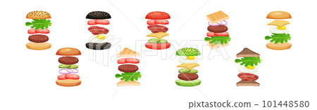 Burger with Floating Layer Ingredients as Fast Food Recipe Vector Set Burger with Floating Layer Ingredients as Fast Food Recipe Vector Set 101448580