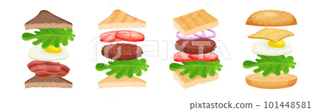 Burger with Floating Layer Ingredients as Fast Food Recipe Vector Set 101448581