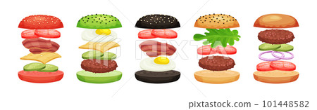 Burger with Floating Layer Ingredients as Fast Food Recipe Vector Set 101448582