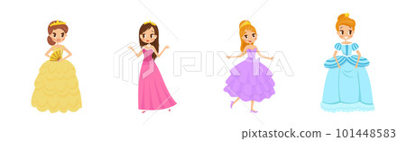 Smiling Princess Wearing Crown and Dressy Look Garment Vector Illustration Set 101448583