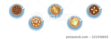 Cups on Saucer with Coffee Latte Crema Art Vector Set 101448605