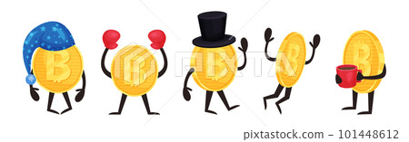 Golden Bitcoin Humanized Character Engaged in Different Activity Vector Set 101448612