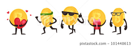 Golden Bitcoin Humanized Character Engaged in Different Activity Vector Set 101448613