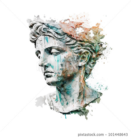 Contemporary art with antique statue head watercolor illustration. Work of art of the era of excitement. Hand drawing illustration Period of Renaissance. Sculpture of Michelangelo. 101448643