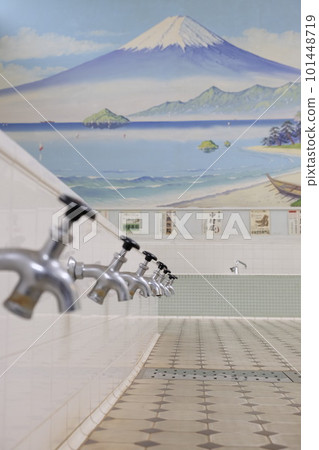 An image of a public bath (a washroom with a painting of Mt. Fuji in the background) An image of a public bath (a washroom with a painting of Mt. Fuji in the background) 101448719