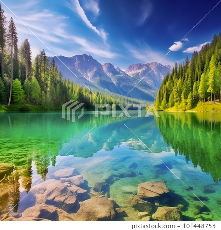The lake reflects the sky , surrounded by trees and mountains . Generative AI 101448753