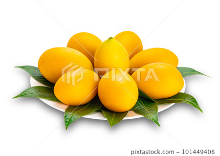 Ripe sweet yellow marian plum decorated in white ceramic dish isolated on white background. Ripe sweet yellow marian plum decorated in white ceramic dish isolated on white background. 101449408