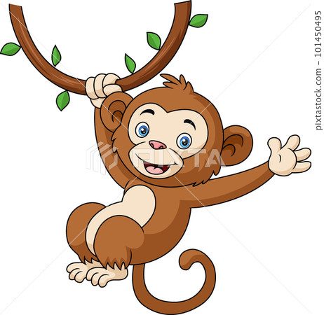 Cute monkey cartoon hanging in tree branch 101450495