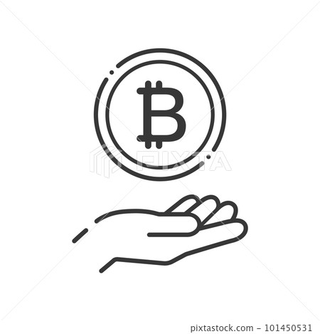 A simple coin with the letter ₿ and a human hand icon- an image of virtual currency such as bitcoin 101450531