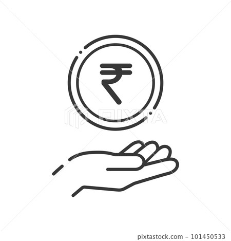 Simple coin with ₹ letter and human hand icon - indian money rupee 101450533