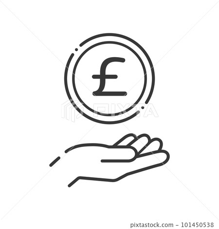 A simple coin with the letter £ and a human hand icon - an image of the British pound A simple coin with the letter £ and a human hand icon - an image of the British pound 101450538