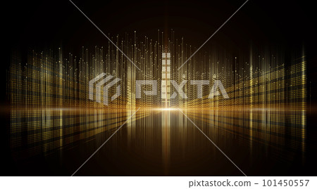 Virtual golden particle digital city skyline at night on black background Virtual golden particle digital city skyline at night on black background 101450557