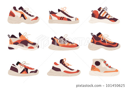 Flat sneakers vector set. Modern trendy fitness shoes, casual male and female footwear. Stylish sportswear flat cartoon vector illustration collection Flat sneakers vector set. Modern trendy fitness shoes, casual male and female footwear. Stylish sportswear flat cartoon vector illustration collection 101450625