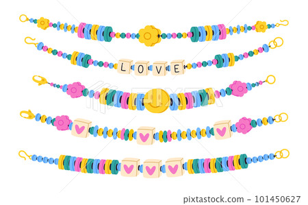 Handmade plastic bead bracelets. Friendship bracelets, kids handcraft cute accessories with with colored beads flat vector illustration set 101450627