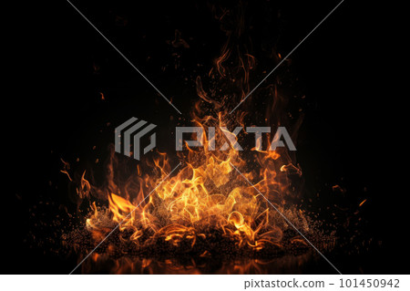 A close-up of a smoking grill with bright flames on black background, creating an intense backdrop for your designs. AI Generative 101450942