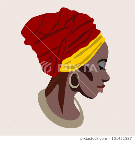 Vector isolated female profile. Portrait of beautiful african woman in turban, golden earring and thick necklace. Vector isolated female profile. Portrait of beautiful african woman in turban, golden earring and thick necklace. 101451527